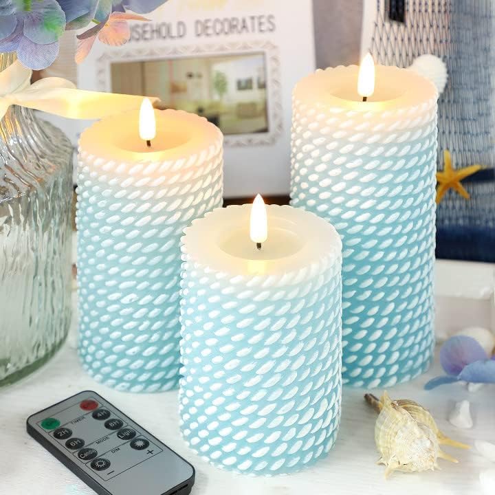 Image of Crystal Club Blue Flameless Candles Corded Pattern Carving Battery Operated Flickering Candles LED Real Wax Pillar Candles for Wedding Holiday Home Decorations