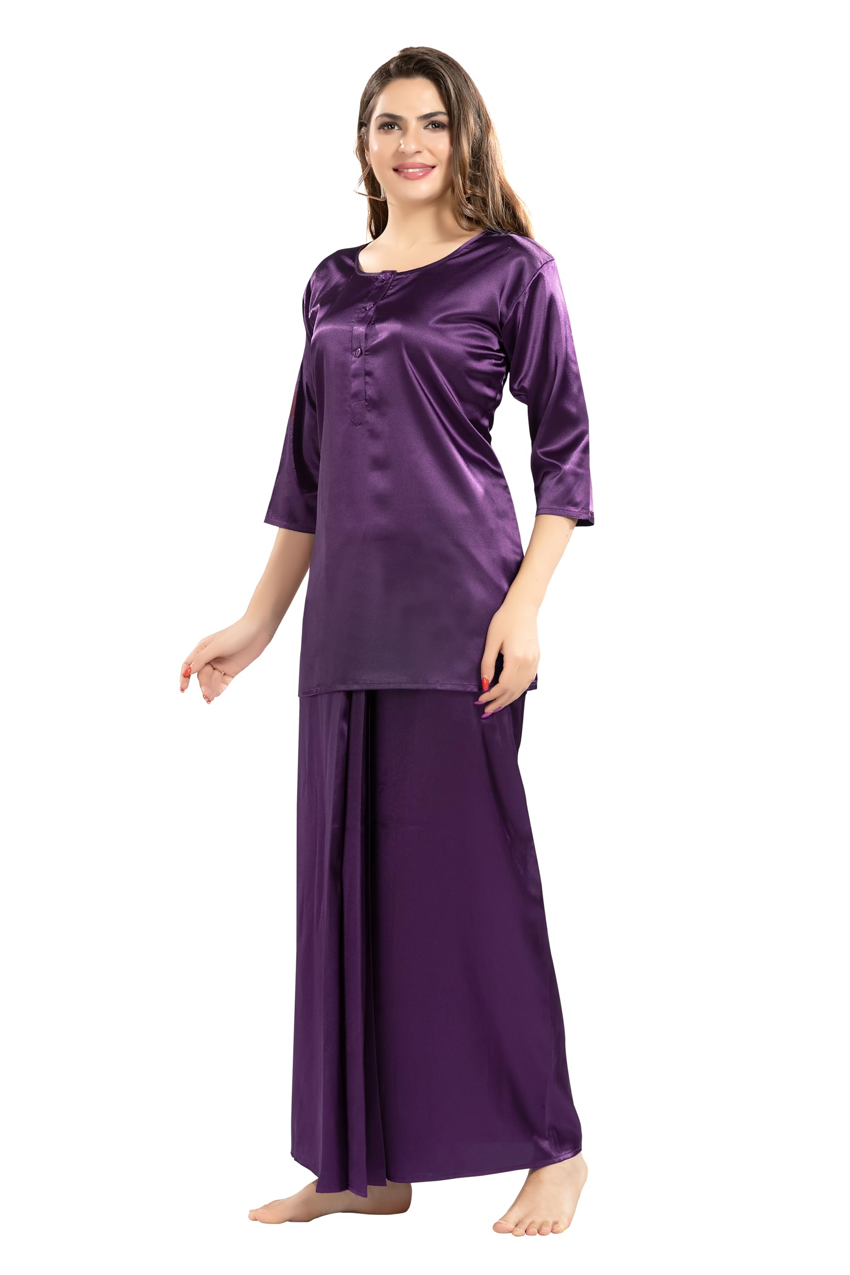 Women's Lungi Kurta Nighty Solid Satin Round Neck 3/4th Sleeve Kurta and Skirt Night Dress Two Piece Co-ord Set