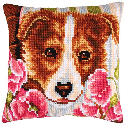 RTO Dog and Pink Poppies Collection D'Art Stamped Needlepoint Cushion Kit, 40 x 40cm