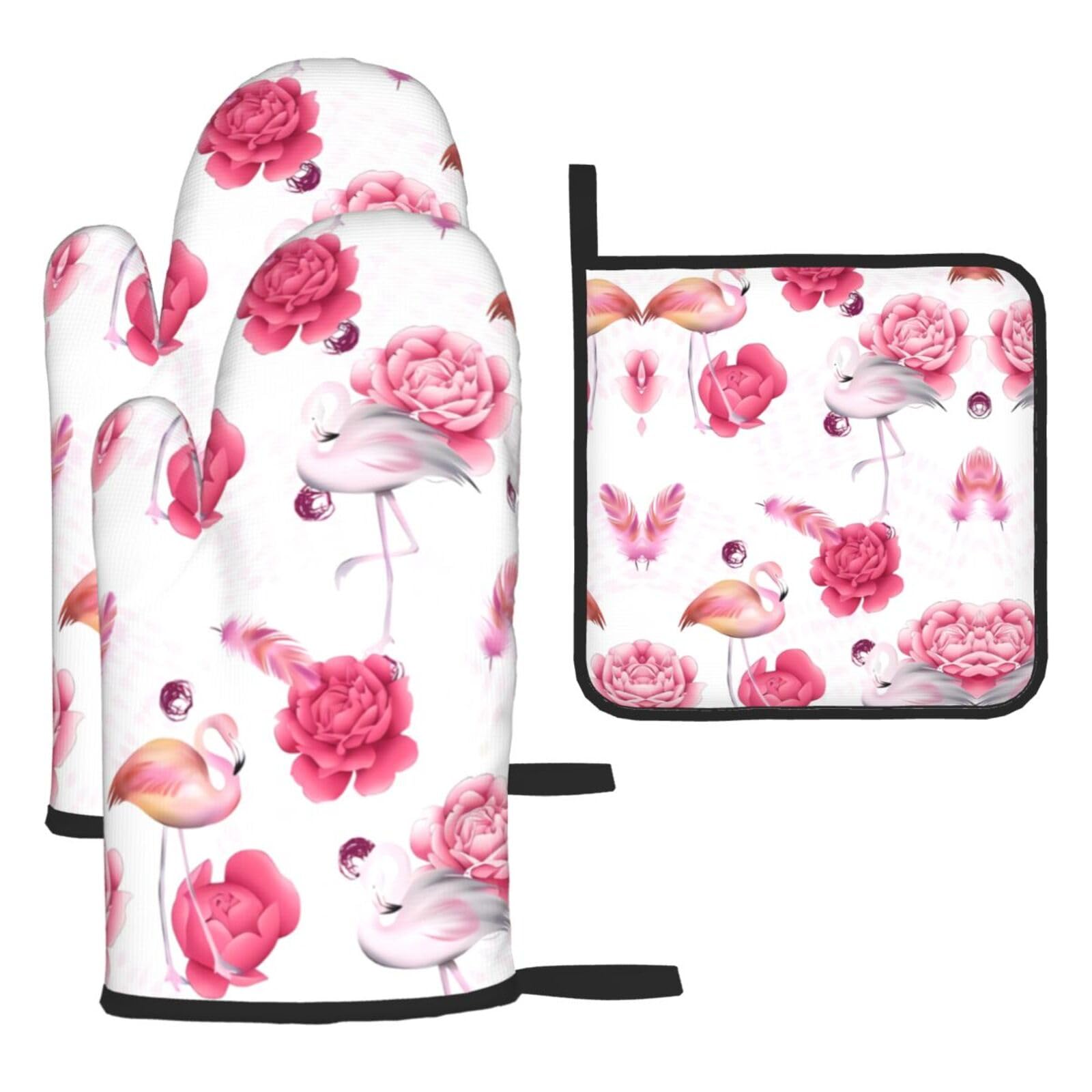 Pink Flamingos Printed Oven Mitt Set 3-Piece | Heat Resistant Gloves & Pot Holder Mat for Cooking, Baking & BBQ
