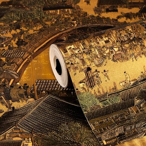 Image of wolpin Non-Woven Wallpaper Non-Adhesive (53 x 950 CM) (Black & Gold) | Golden Village Scenic Textured Wallpaper with Shine | Decorative Wall Covering for Home Interior (54.18 Sq Ft)