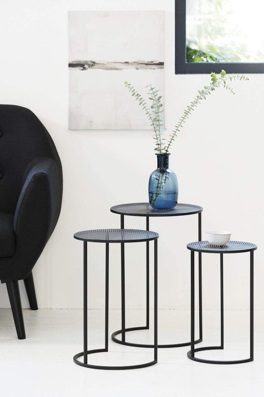 INDIAN DECOR 45948 Nest of 3 Tables, Round Coffee Tables for Small Spaces, Modern Side Tables for Living Room, Entryway, Black Metal End Bedside Tables 2