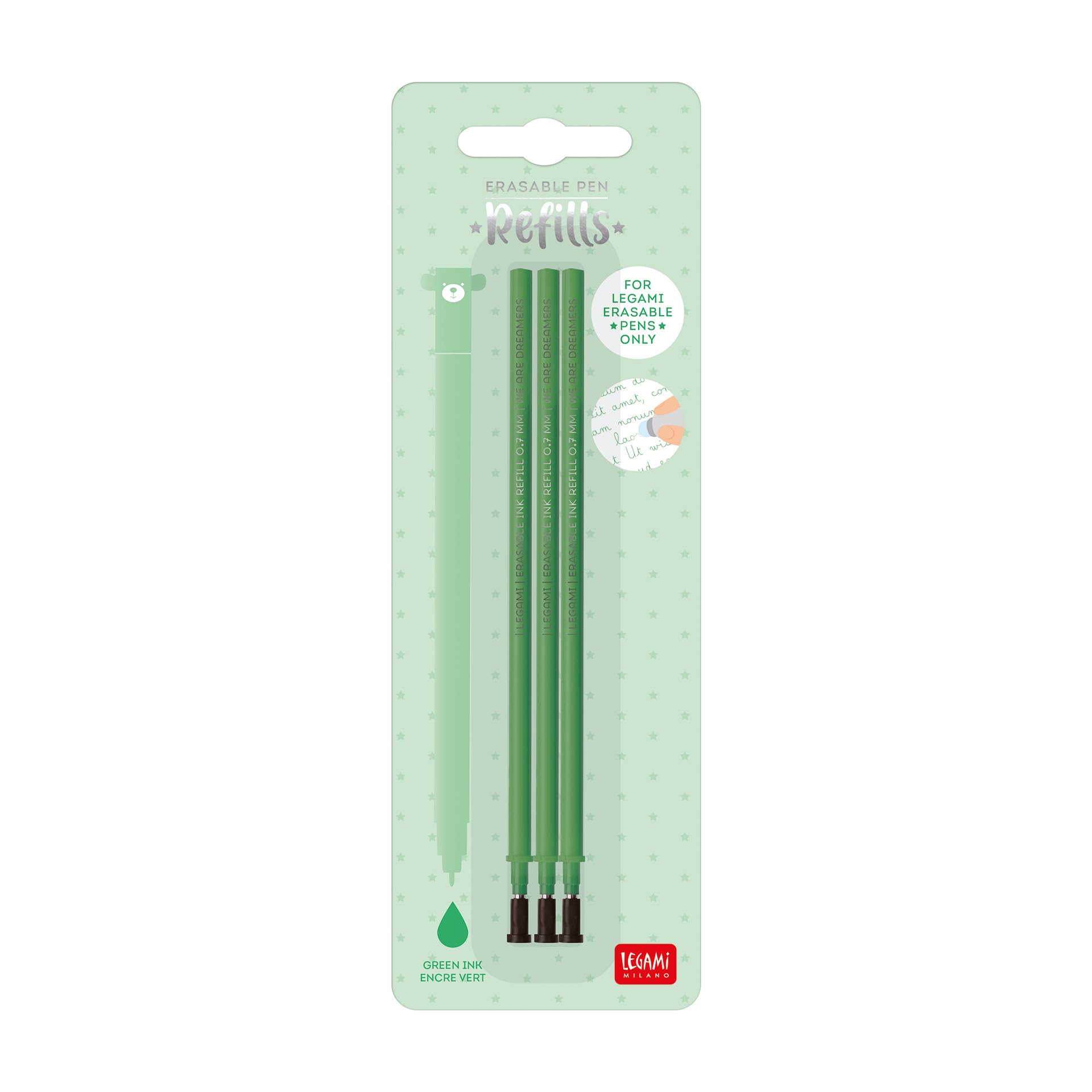 Set of 3 Eraser Pen Refills, Height 13 cm, Heat Sensitive Ink, Green, 0.7mm Tip
