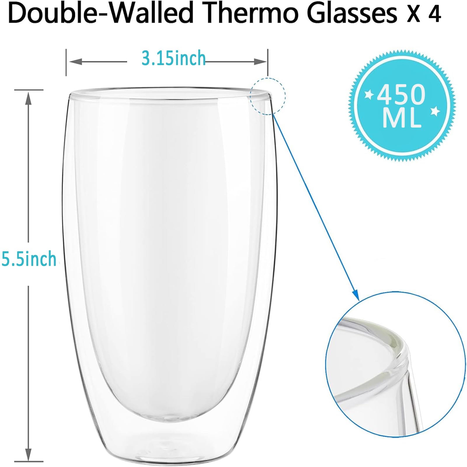 4 Stück Doppelwandige Kaffeegläser 450ML, Latte Macchiato Gläser Schwebeeffekt, Cappuccino Tassen aus Borosilikatglas, Thermogläser für Latte Tee jedes Getränk