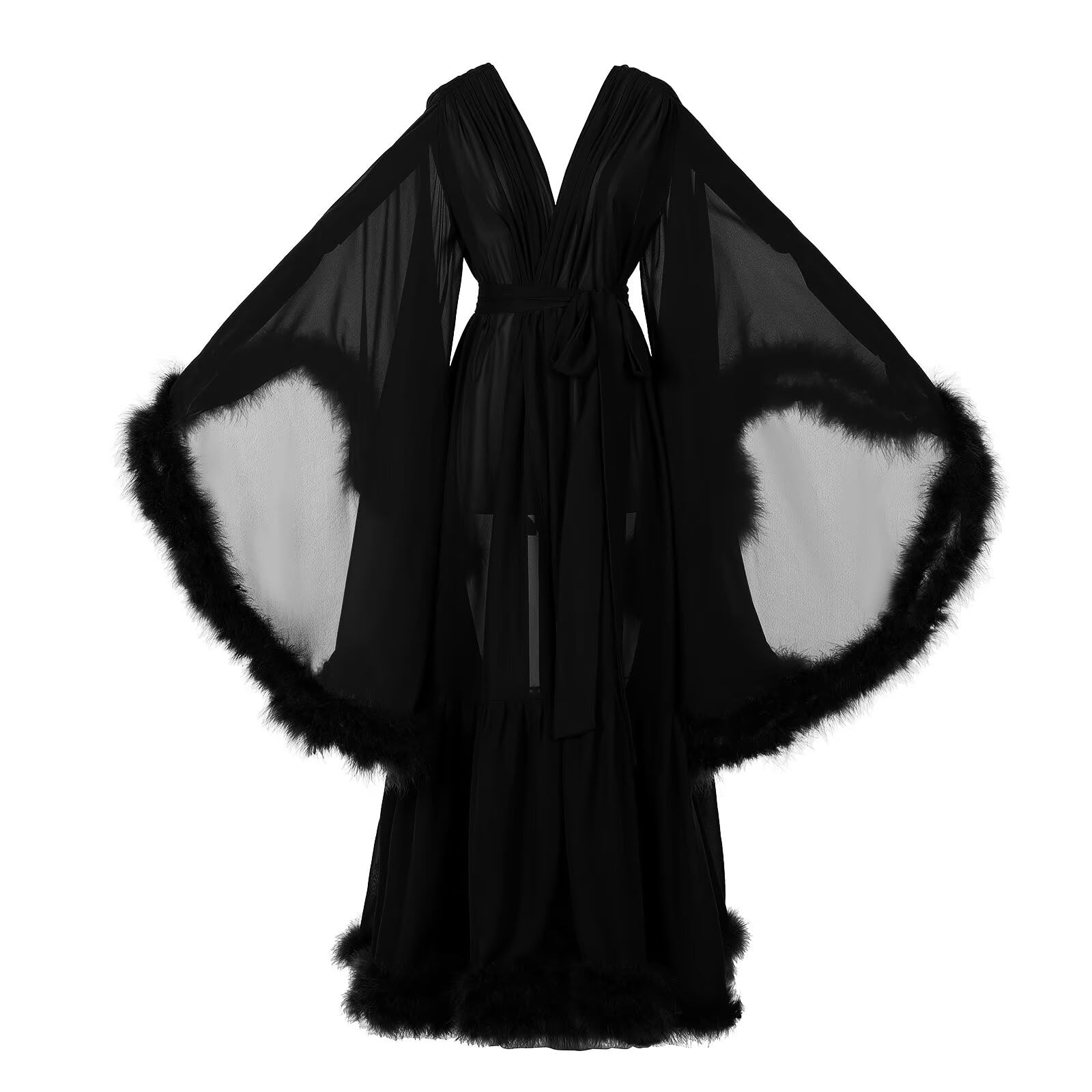 Lumessara Women's Sexy Feather Bridal Robe Long Old Hollywood Chiffon Robe Sheer Maternity for Photoshoot