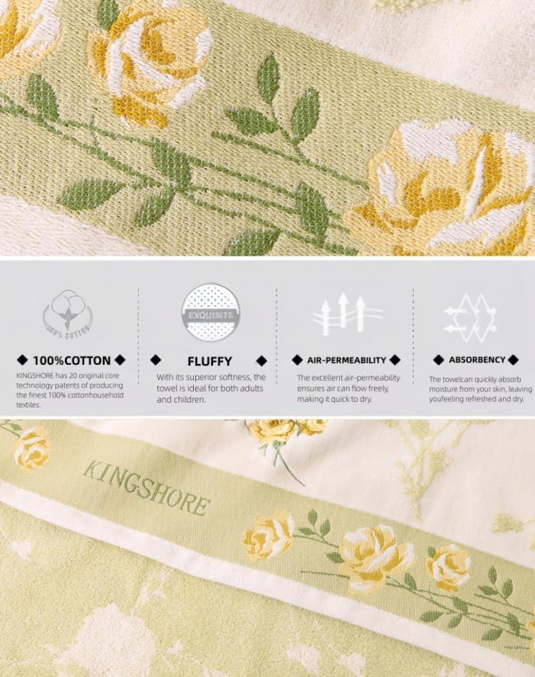 3 Piece Premium Bath Towel Set (Flowers), 1 Bath Towel 1 Hand Towel 1 Washcloth, Quick-Drying, 100% Cotton，Oeko-TEX Certified (Yellow) - Image 7