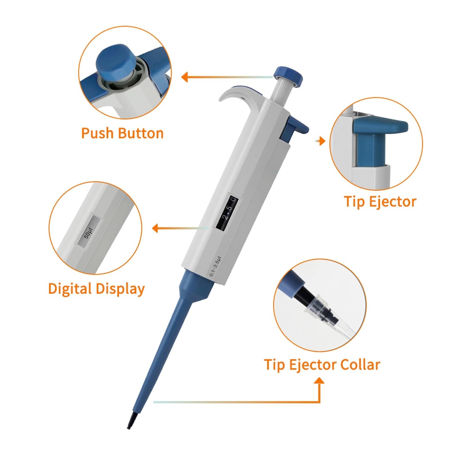 Pipeta, Pipeta de laboratorio de plástico con puntas de pipeta Micropipeta digital de un solo canal Equipo de laboratorio(0.1-2.5ul)