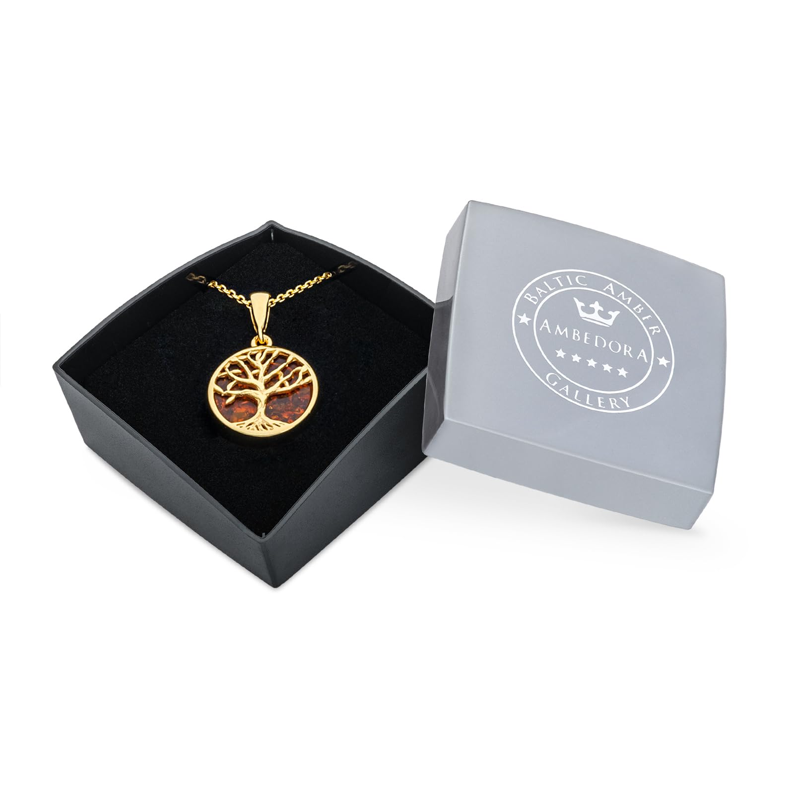 Damen Kleine Halskette Baum des Lebens mod. 08 mit Bernstein, Vergoldetes Sterling Silber, Bernstein in Kognakfarbe, Vergoldetes Anhänger mit Kette