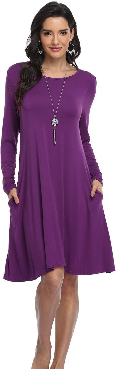 VintageClothing Women's Casual T Shirt Dresses Long Sleeve Loose Swing Dress with Pockets - Image 5