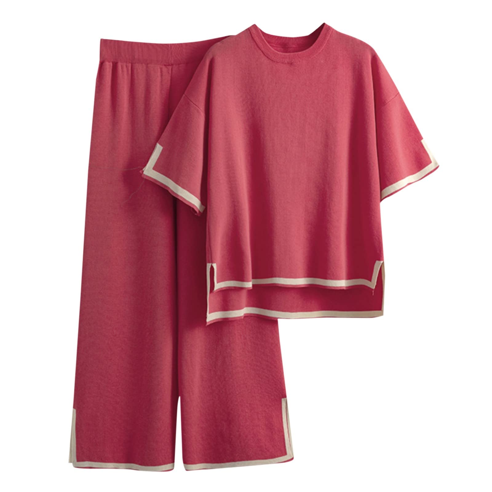 BLIBUNALA Conjunto de verano de 2 piezas para mujer, traje de ocio, manga corta, jersey de punto acanalado con pantalones largos, conjunto de salón, cuello redondo