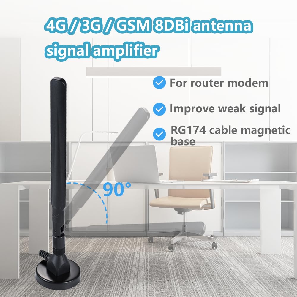 Vecys Noir Antenne 4G LTE Adaptateur de Prise SMA 8DBi GSM / 3G / 4G Omnidirectionnel Extérieur Intérieur Antenne 4G 3M Câble RG174 Base Magnétique