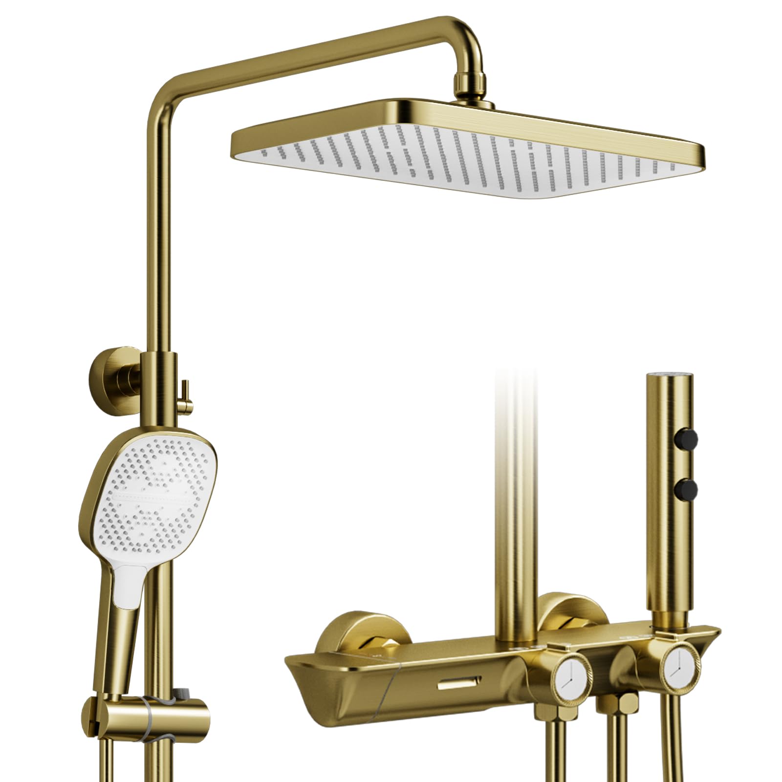 Columna Ducha, Columna de Ducha Termostática 4 en 1 Oro Cepillado | Cabezal de ducha de lluvia grande de 320 × 220 mm, columna ducha con grifo, accesorios de ducha completos, ajustable 360°