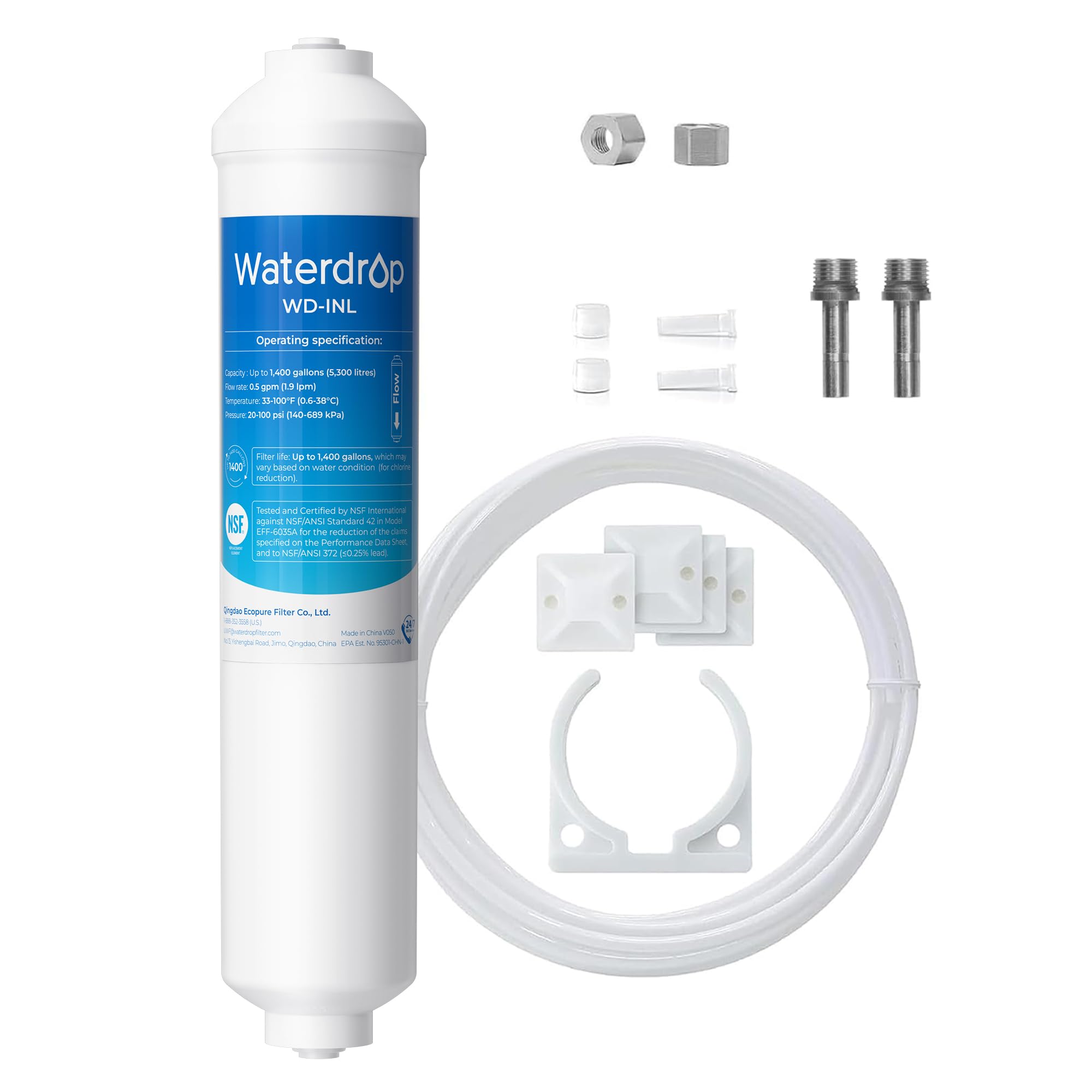 Waterdrop Inline Water Filter for Refrigerator and Ice Maker, NSF Certified High Capacity Drinking Water Filtration System with Direct Connect Fittings, Reduces Chlorine, PFAS/PFOA/PFOS