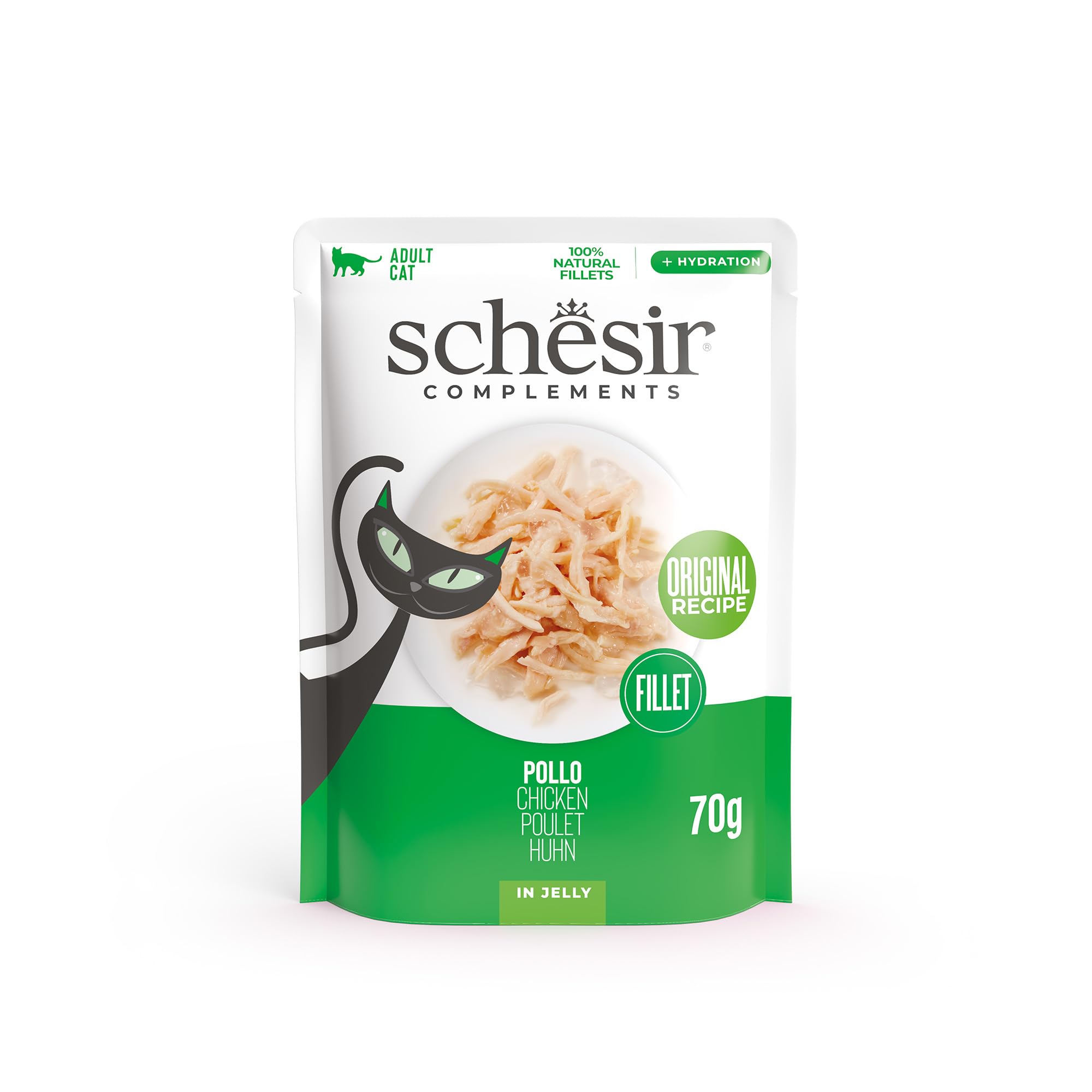Schesir, Hühnerfilets in Gelee, ergänzendes Nassfutter für Katzen, Originalrezept, 100% natürlich, 12 Beutel à 70 g