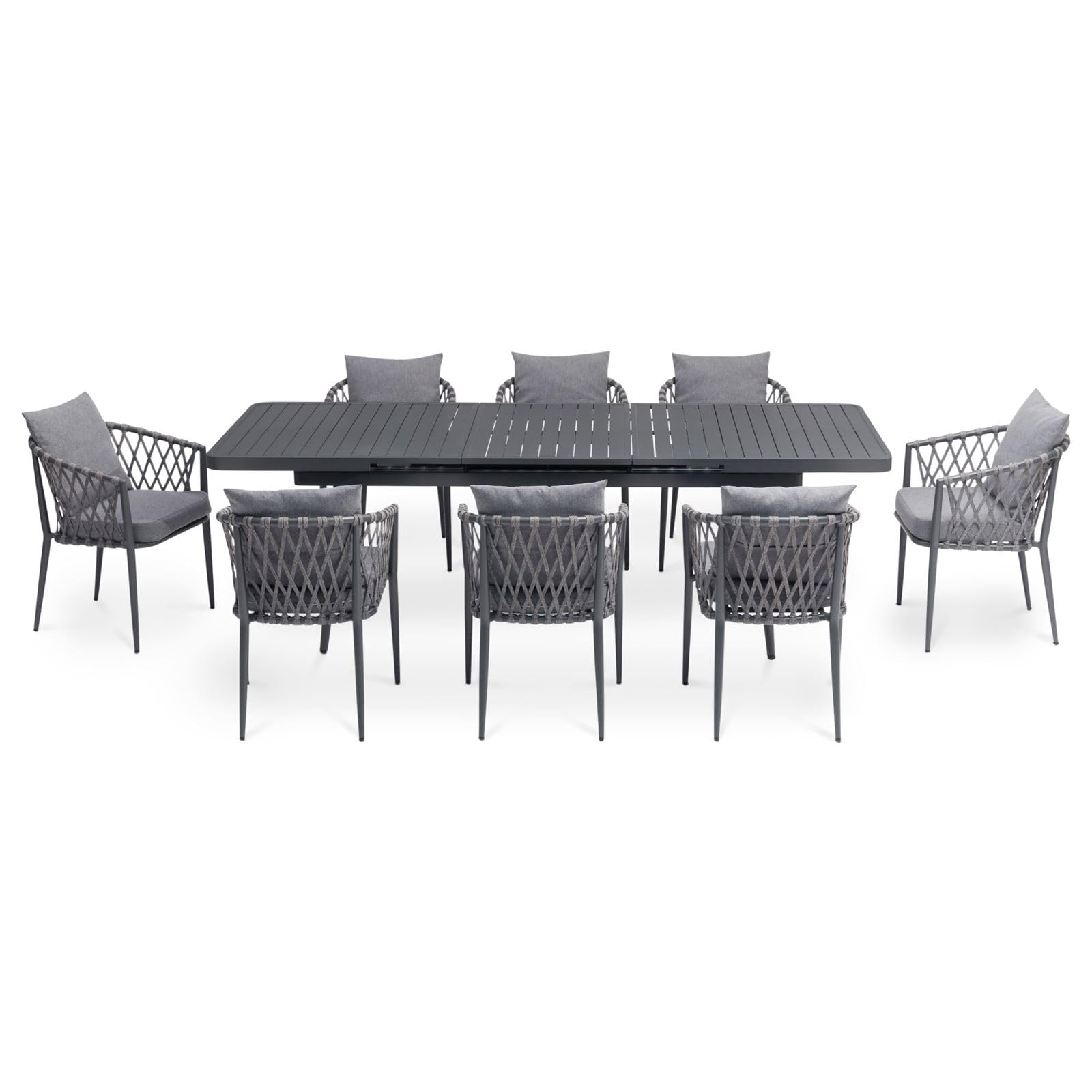 IDIMEX Gartenmöbel Set Sunny mit ausziehbarem Esstisch und 8 Stühlen, Esstisch Gestell aus Alu in schwarz, Seilbespannung der Stühle in grau, Essgruppe inkl. Sitzkissen, Terassenmöbel