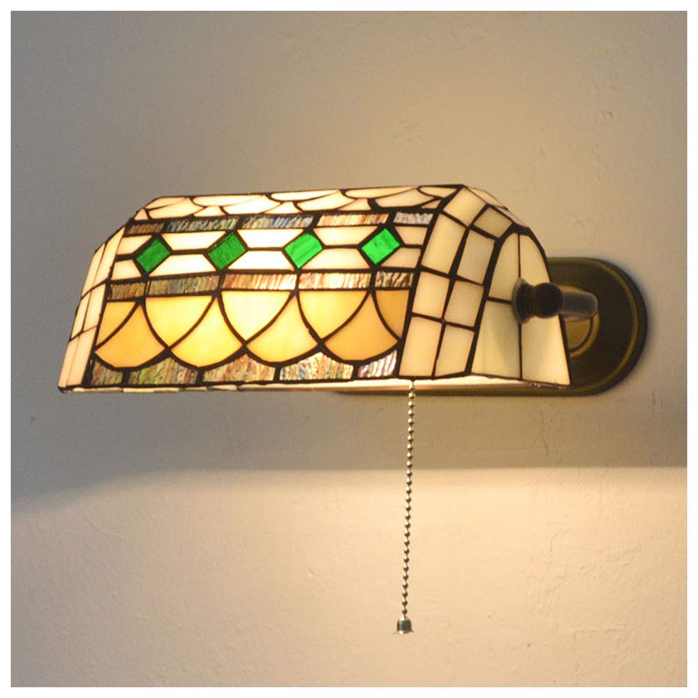 Wlxjdj Yellow Traditional Indoor Wall Light, Rustic Tiffany Style Wall Lamp Bedroom Bedside Reading Lamps With Pull Cord Switch 8.7 Inch Stained Glass Lampshade For Loft Living Room Study, E27 Max 60W,