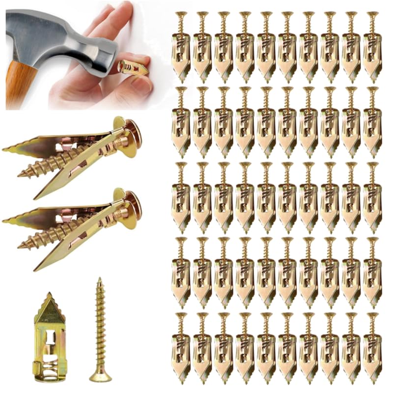 PUSKIU 2024 Upgraded Self-Drilling Anchors Screws, Zinc Plated Steel Drywall Anchors With Screws, Easy Application No Drill or Holes in Wall, Gold