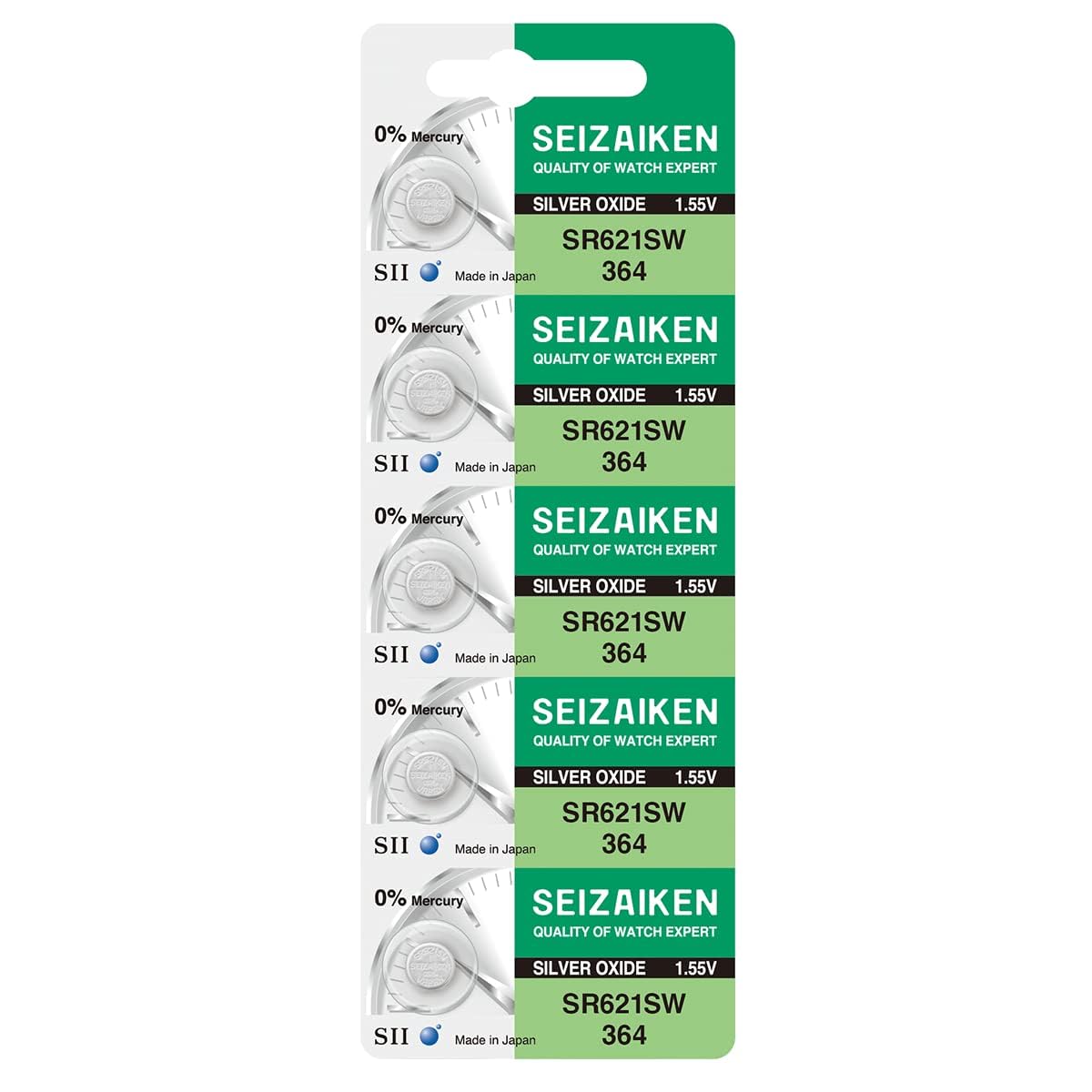 Seizaiken 364 SR621SW Silver Oxide Watch Battery, 1.55V, 23 mAh, Mercury-Free, 5 Batteries, Made in Japan by Seiko
