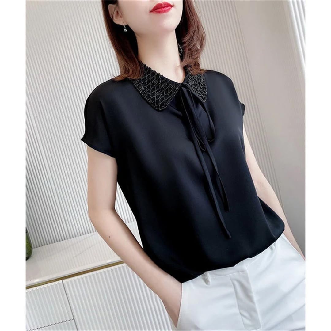 Camicetta da donna estiva in raso con fasciatura patchwork in pizzo a maniche corte camicetta tinta unita Top