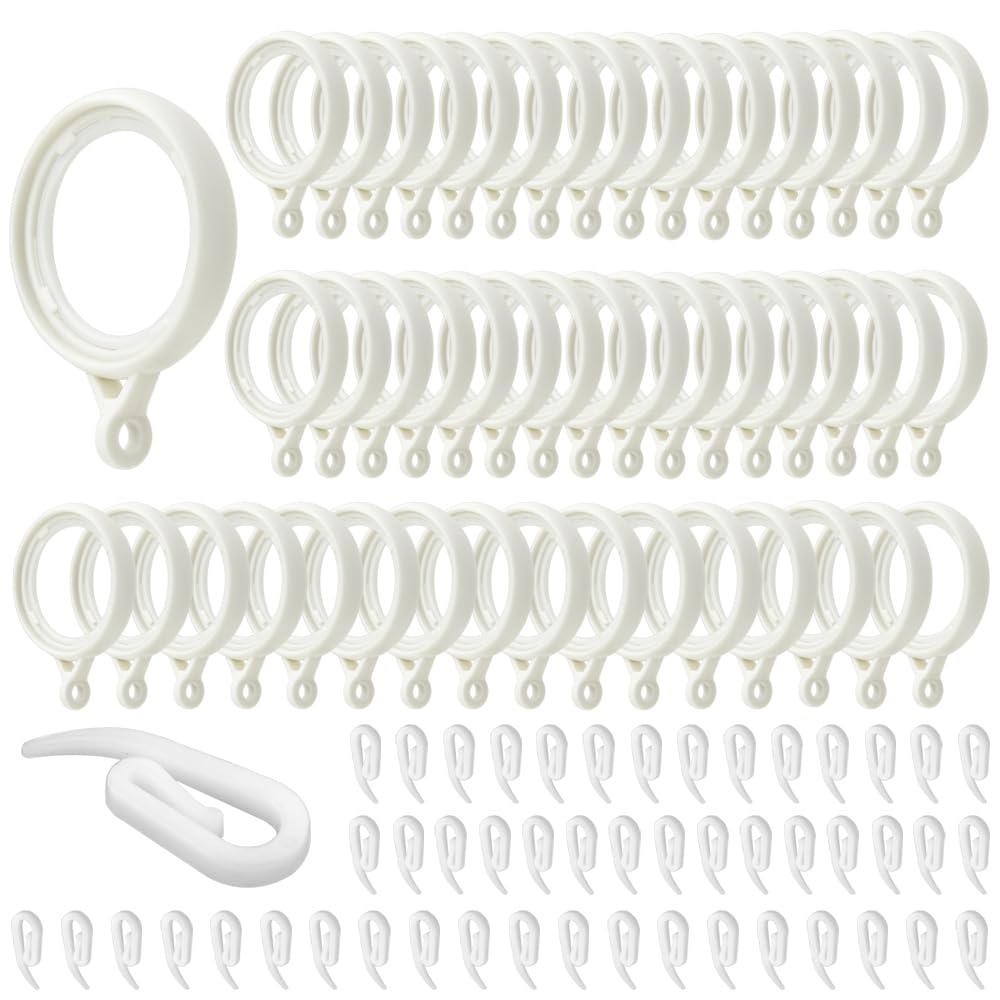 TOVOT 50PCS Silent Type Curtains Rings Set and Hooks 35MM Inner Diameter Curtain Plastic Pole Rings Hoops for Drapery Hanging(White)