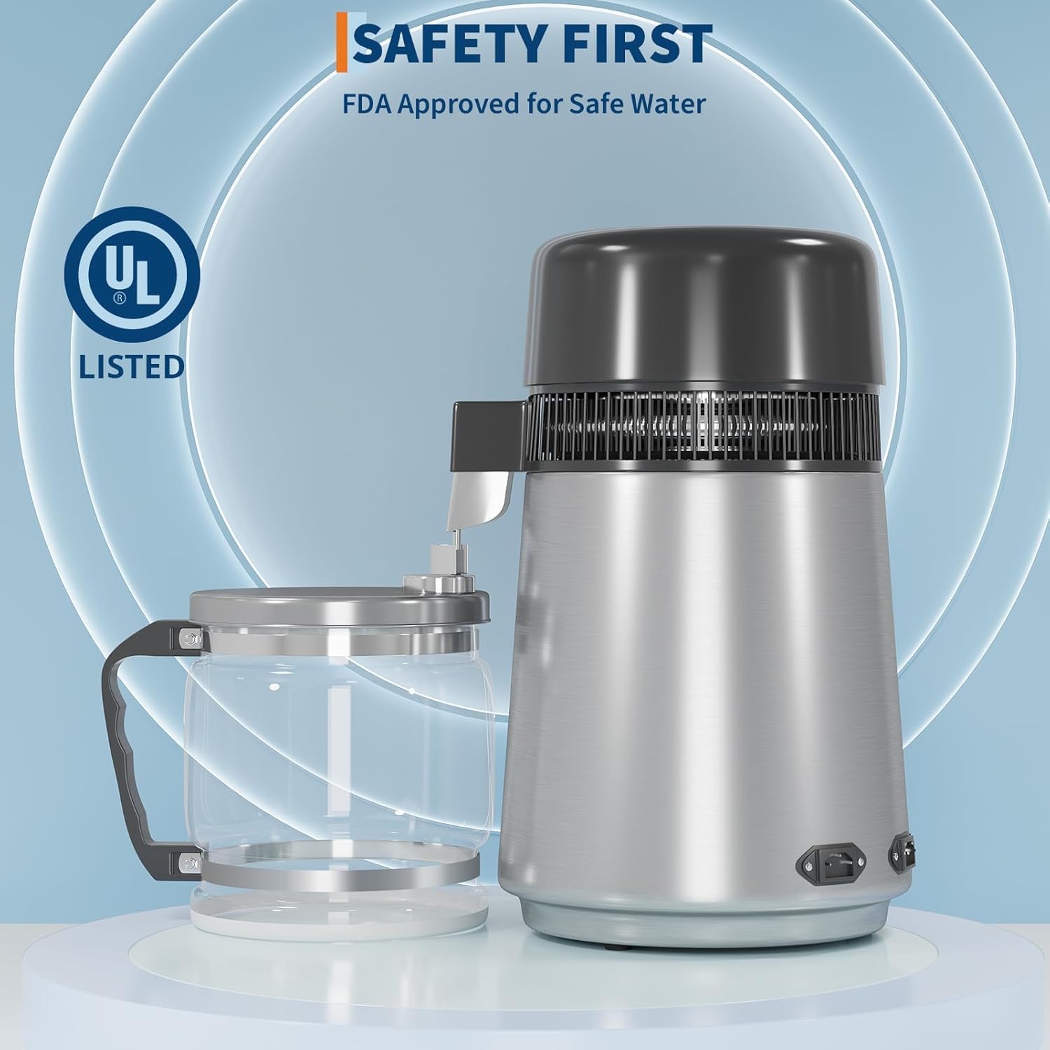 Destilador de agua 4L,1 litro por hora,750W Máquina de agua destilada con apagado automático,Eliminación de impurezas,Interior Acero 304,Purificador de agua portátil para casas,Oficina,Viajes-Plata
