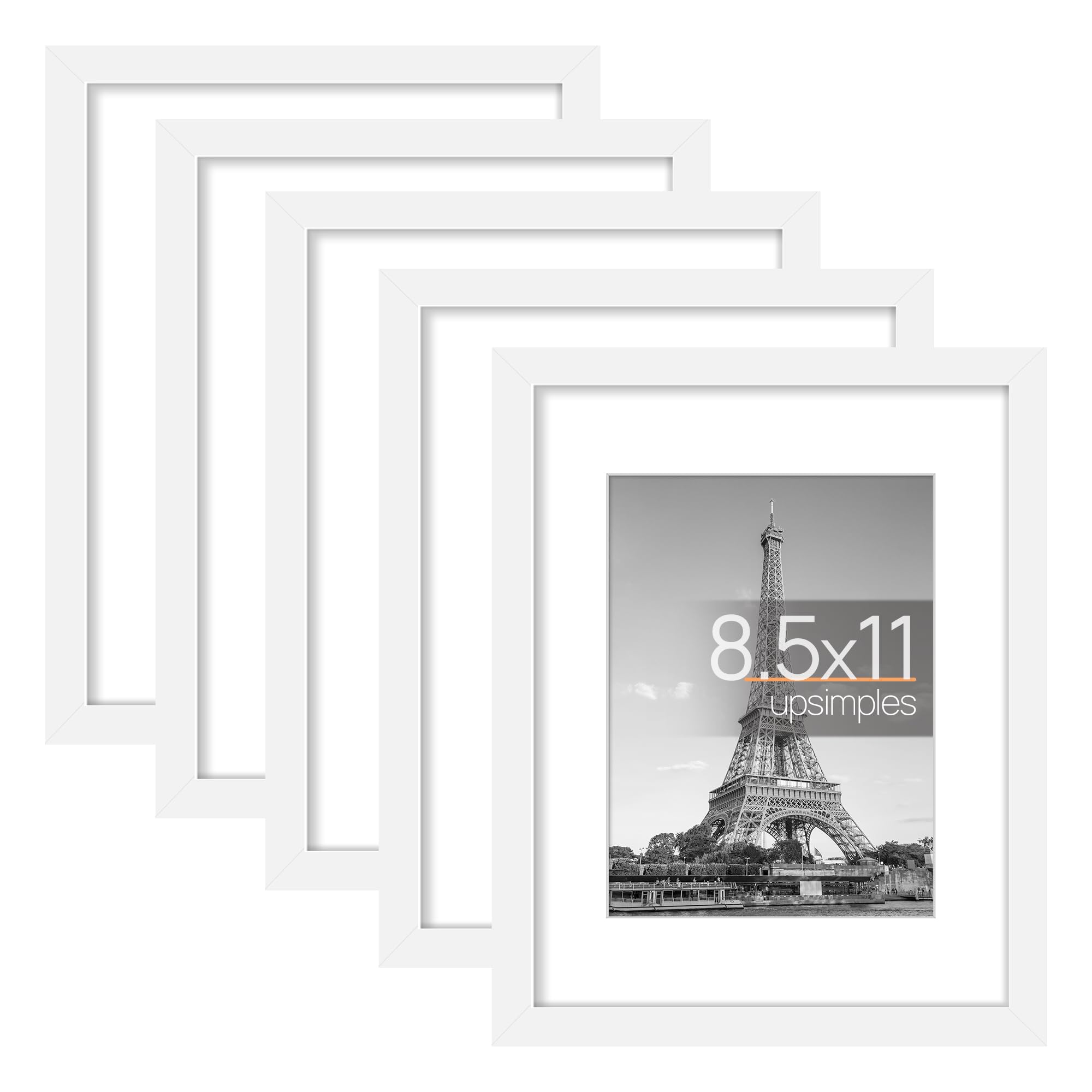 upsimples 8.5x11 Picture Frame Set of 5, Display Pictures 6x8 with Mat or 8.5x11 Without Mat, Wall Gallery Photo Frames, White