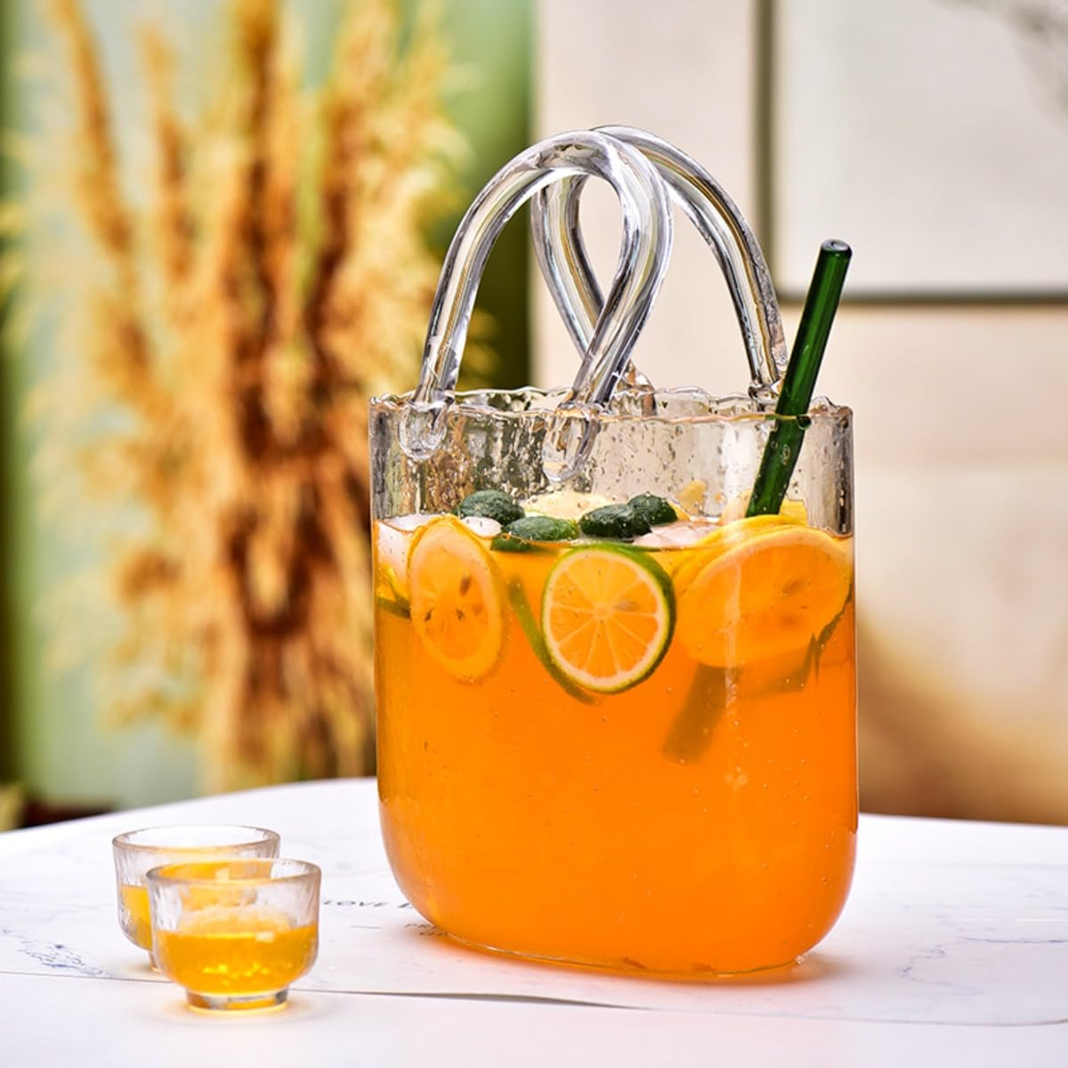 Set di brocche in vetro a forma di borsa con 6 tazze e cucchiaio, caraffa in vetro borosilicato per succhi, cocktail, fiori, decorazioni per feste e bar