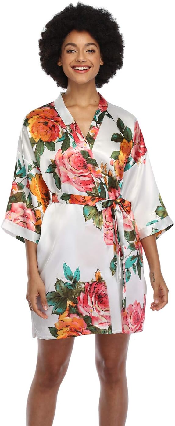MissNinaWomen's Floral Satin Kimono Robes Short Silky Bridesmaid Robes Sleepwear