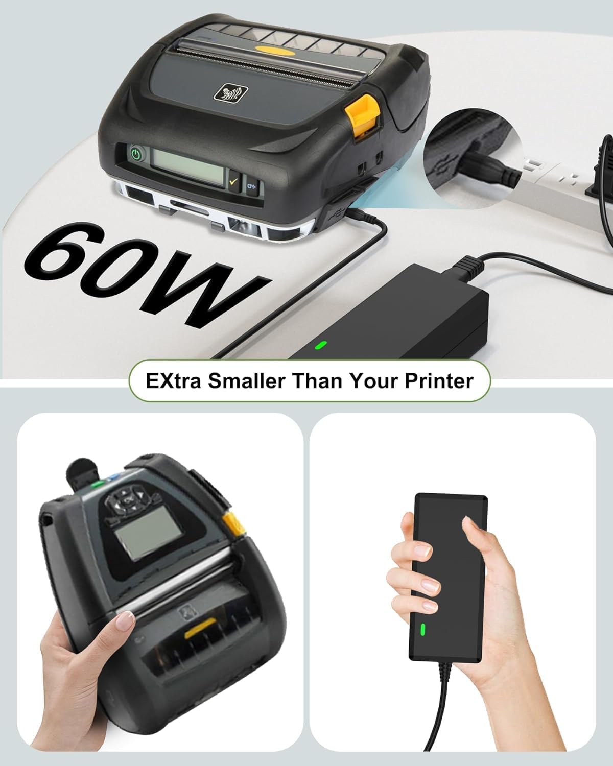 Image showing the FGIEU 12V charger connected to a Zebra mobile printer, with the charger's green indicator light on.