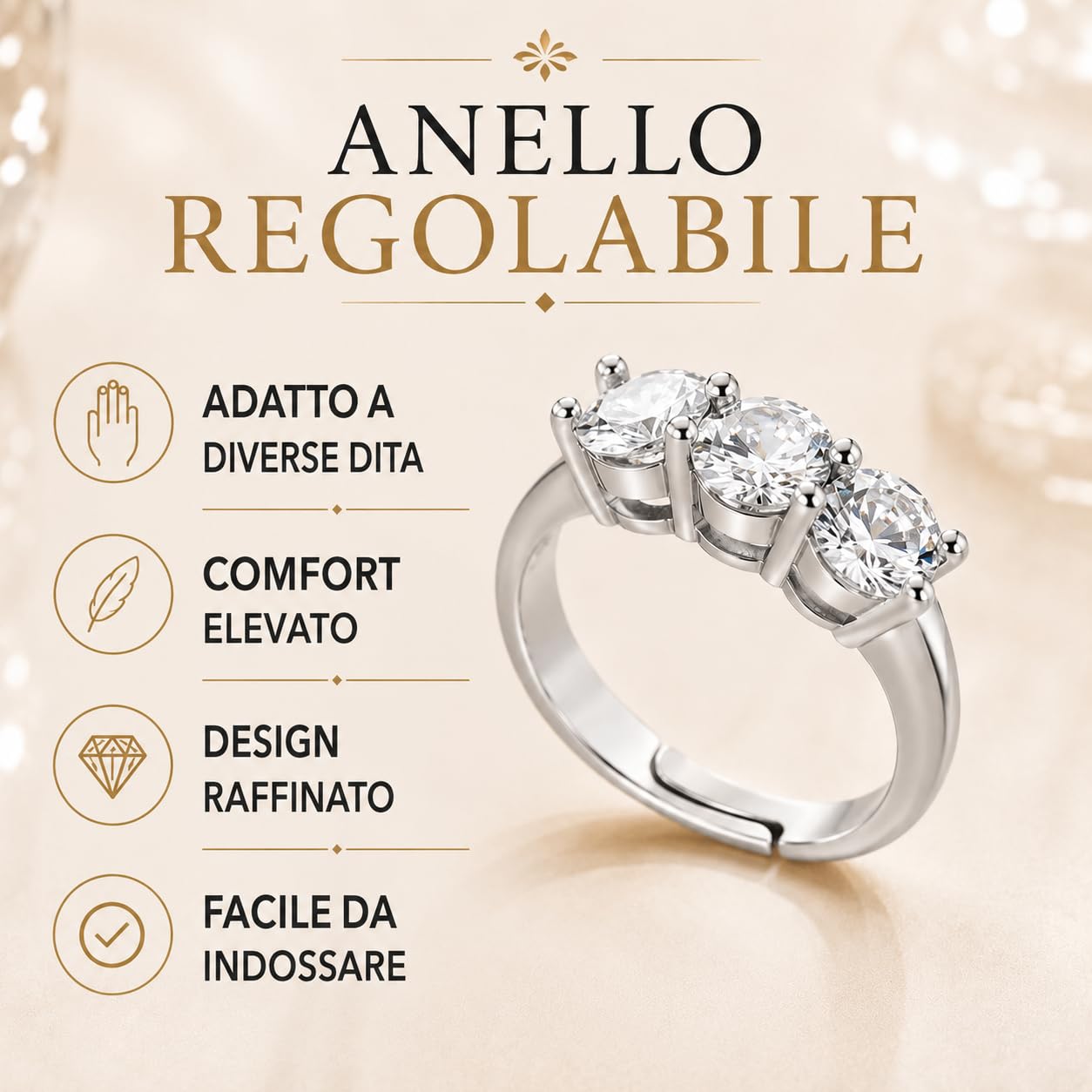 Donipreziosi Anello Trilogy Donna in Argento 925 Rodiato con Zirconi Bianchi Taglio Brillante, Made in Italy – Taglia Regolabile, Nickel Free – Idea Regalo Fidanzata, Moglie, Anniversario