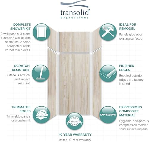 Miniatura 258 de Transolid EWKX483696-41 Expressions - Kit de pared de ducha de 6 paneles con extensión, 36 pulgadas de largo x 48 pulgadas de ancho x 96 pulgadas