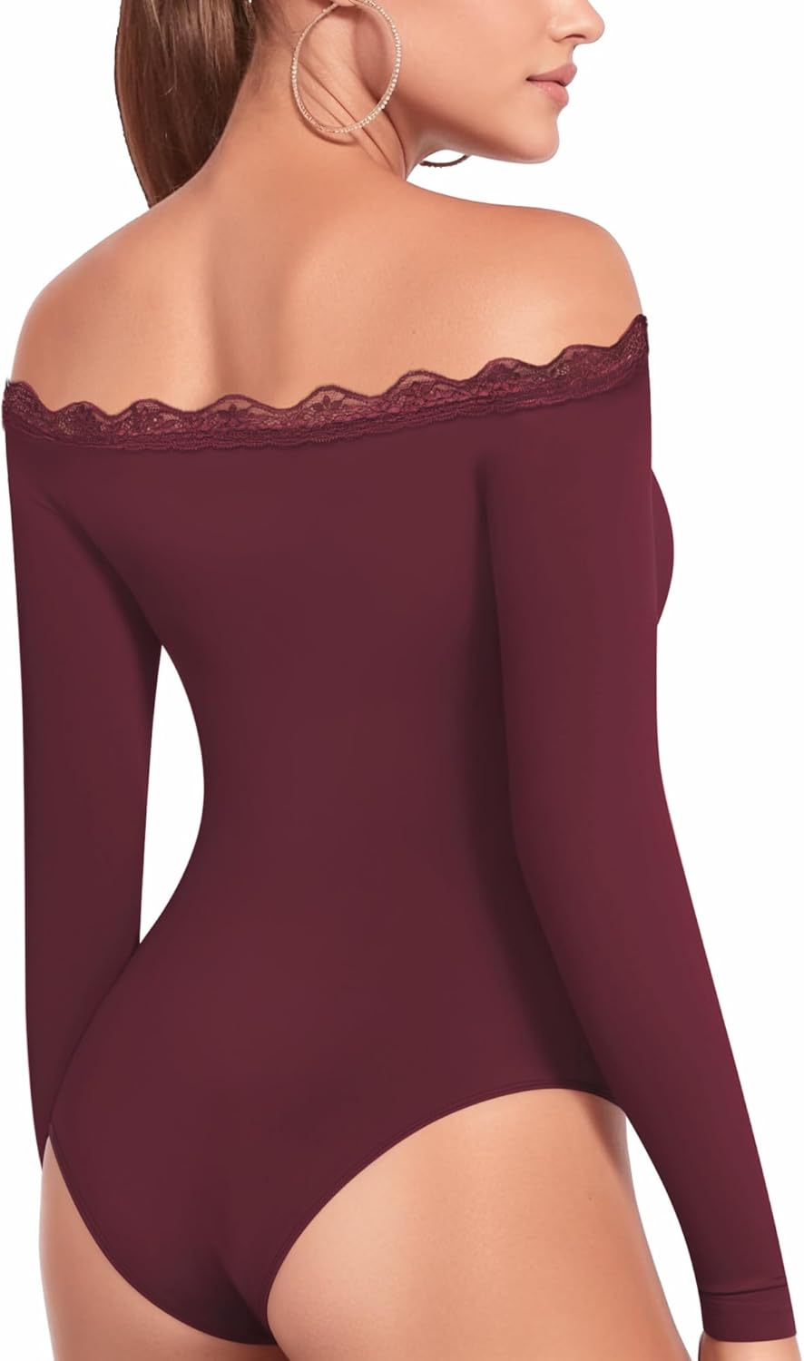 MANGOPOP Women's Off The Shoulder Long Sleeve Bodysuit Lace Body Suits Sexy Tops Fall Outfit 2025 - Image 3
