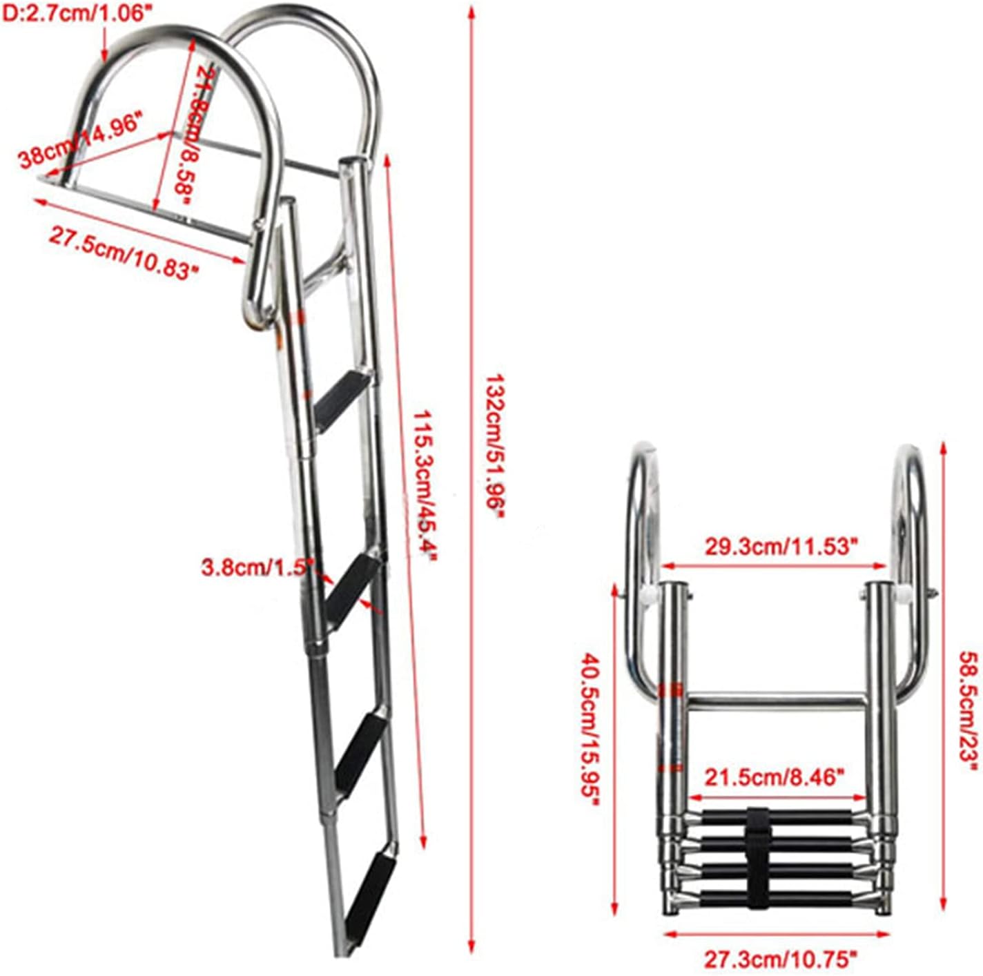 Stainles Steel 4 Step Pontoon Boat Ladder,Folding Telescoping Rear Entry Inboard Ladder Heavy Duty Swim Deck Ladder with Pedal Hand Railing Ladder