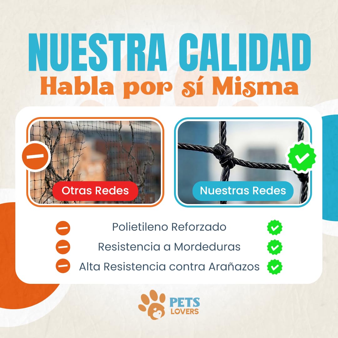 Petslovers Red para Gatos Terraza 8x3m Negra Reforzada con Acero Inoxidable | Kit Montaje Sin Taladro Anti UV Incl 2 Juguetes, Red Gatos Ventanas sin Taladro, Red Gatos Terraza, Malla para Gatos Balcón