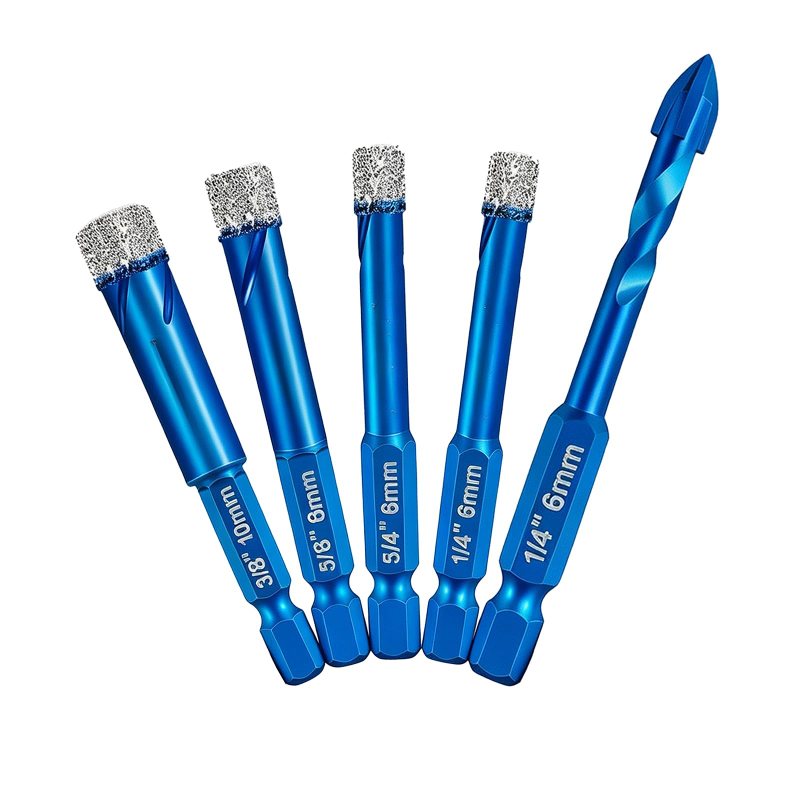5Pcs Diamond Tile Drill Bits Set for Porcelain,Dry Diamond Hole Saw Kit with Built, 1/4" Hex Shank for Granite, Marble, Ceramic, Glass, Hard Stone,6mm+ 6/6/8/10mm Professional Bit Set