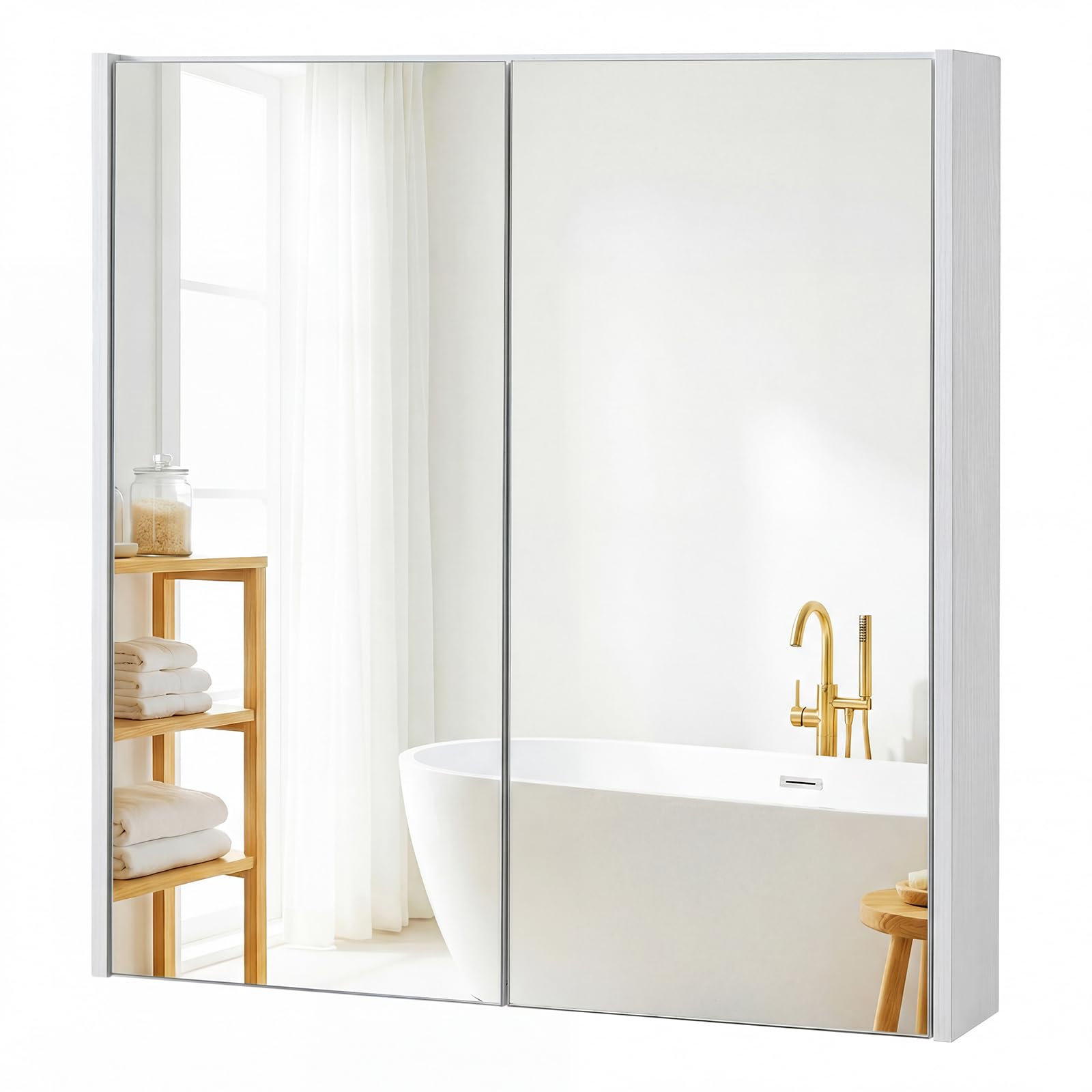 COSTWAY Bathroom Mirror Cabinet, Wall Mounted Storage Cupboard with Shelf, Home Kitchen Living Room Display Organiser Unit (Double Door, White) — image 1