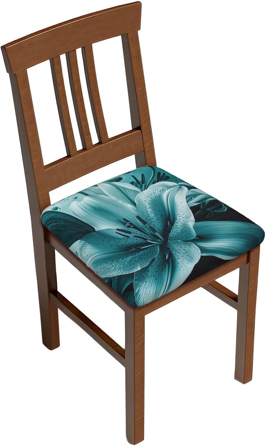 Teal Lily Print Square Cushion Covers 6 Pcs Set Elastic Non-Slip Seat Cushion Slipcovers Pet Furniture Protectors for Chair, Sofa