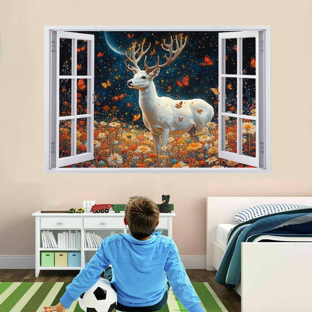 3D Wandtattoo I Wandbild Hirschblumenschmetterling Wandaufkleber I Wandsticker Durchbruch Mondnachtansicht Poster Fensterblick I Wand Deko Aufkleber für Wohnzimmer Schlafzimmer Küche Türaufkleber