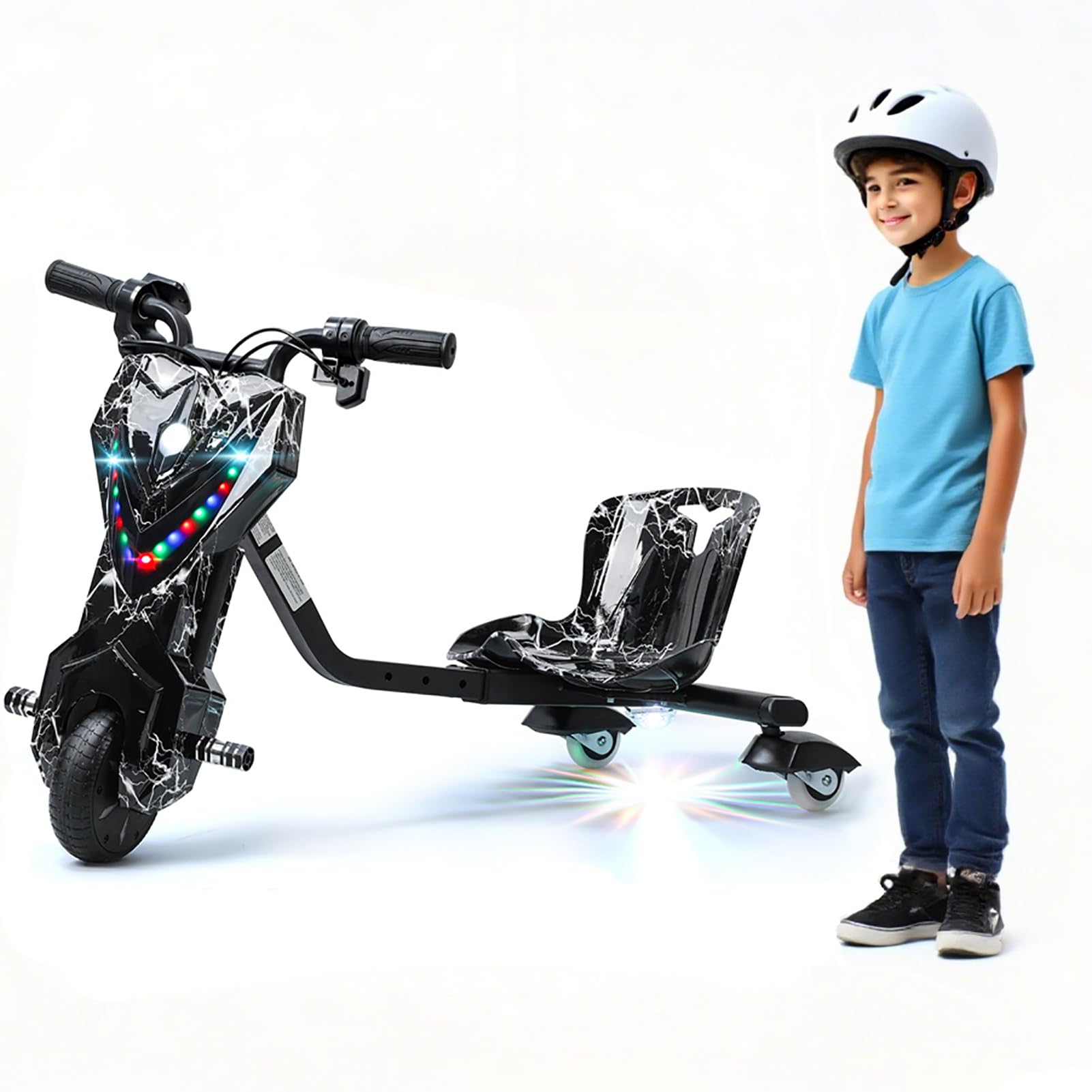 Electric Drift Trike for Kids, Drift Cart, Big Wheel Drifting Tricycle, Kid Ride on Tricycles for Ages 8+, with Adjustable Seat, 9 Miles/h Speed, Adjustable Length, with Light Black White