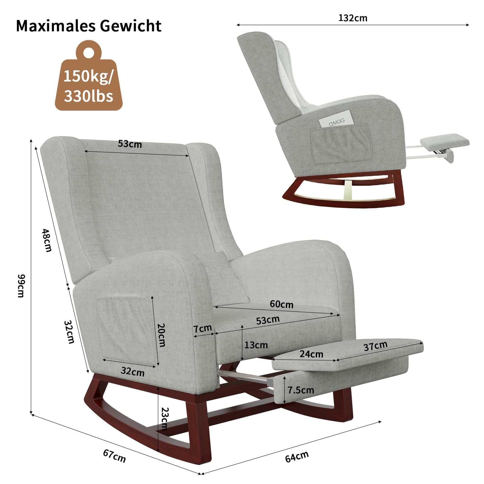 Silla Mecedora con reposabrazos y Bolsillos Laterales, Patas de Madera Maciza, Silla de relajación para Lactancia, Adecuada para Sala de Estar y Dormitorio, con cojín Acolchado (Gris)