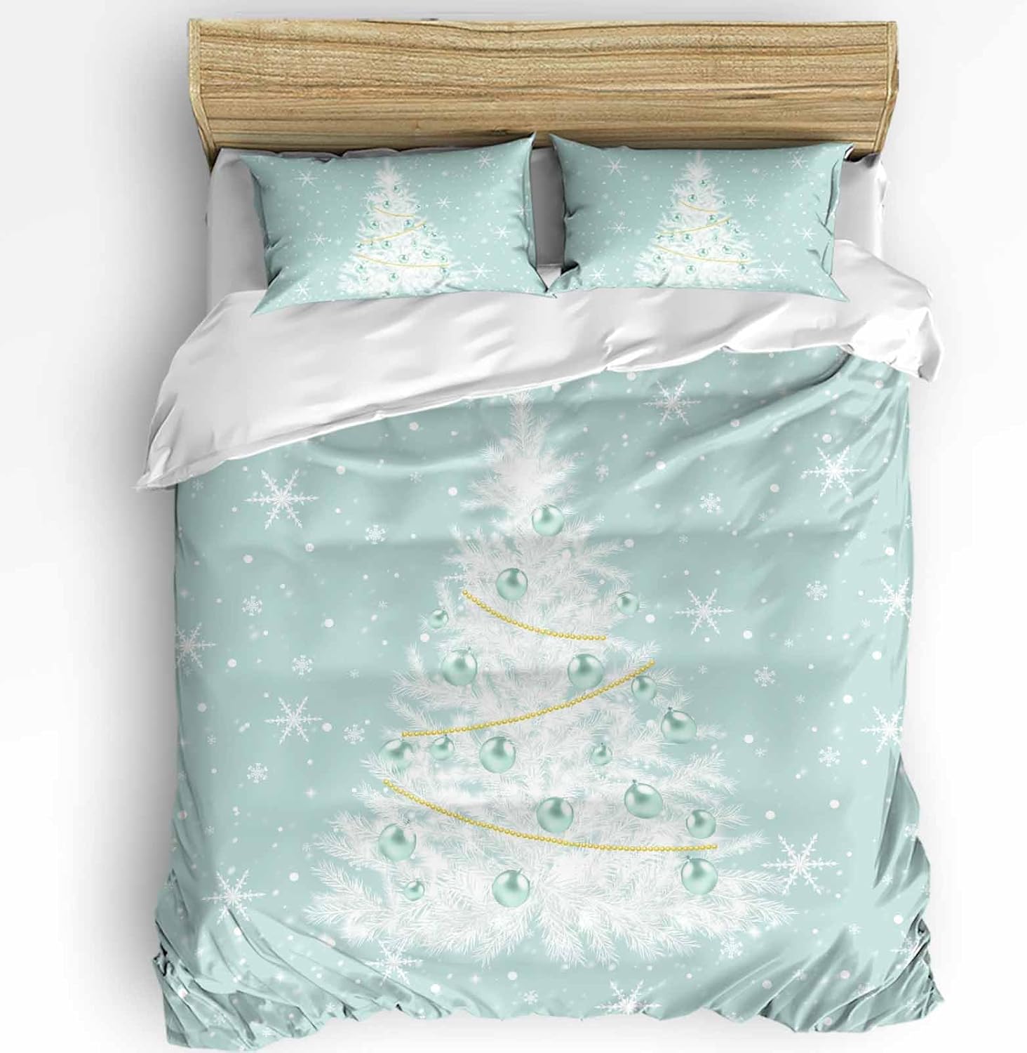 Aqua Christmas Tree Duvet Cover Queen Size Bedding Set, 3 Pieces Washed Patterned Textured Bed Comforter/Quilt Cover with Matching White Snowflakes Xmas Holiday Pillowcases for All Seasons