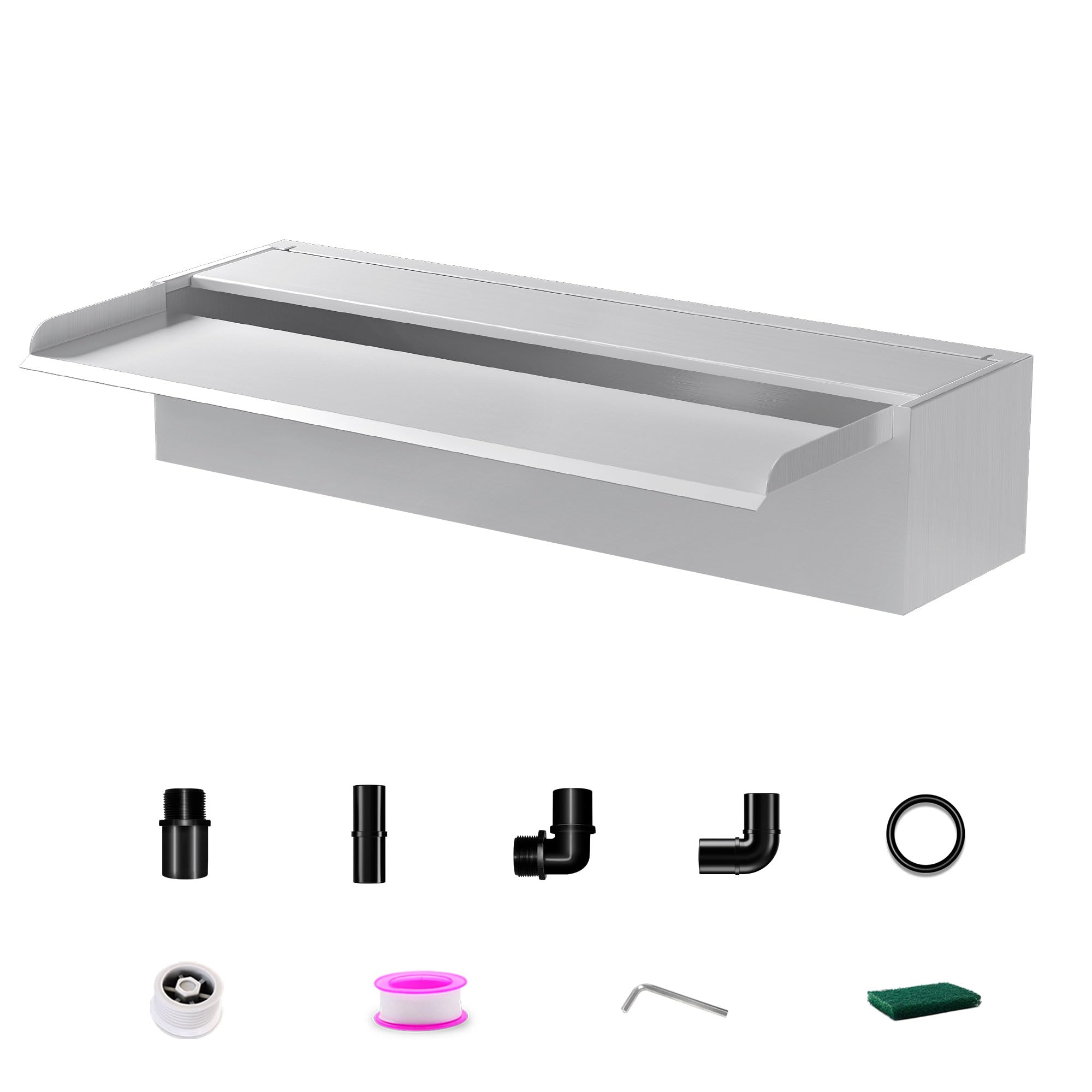 LONGRUNNEW 60cm Stainless Steel Pond Waterfall Blade Set,12.2cm wide stainless steel pond fountain with accessories, double inlet design for garden deck pond courtyard