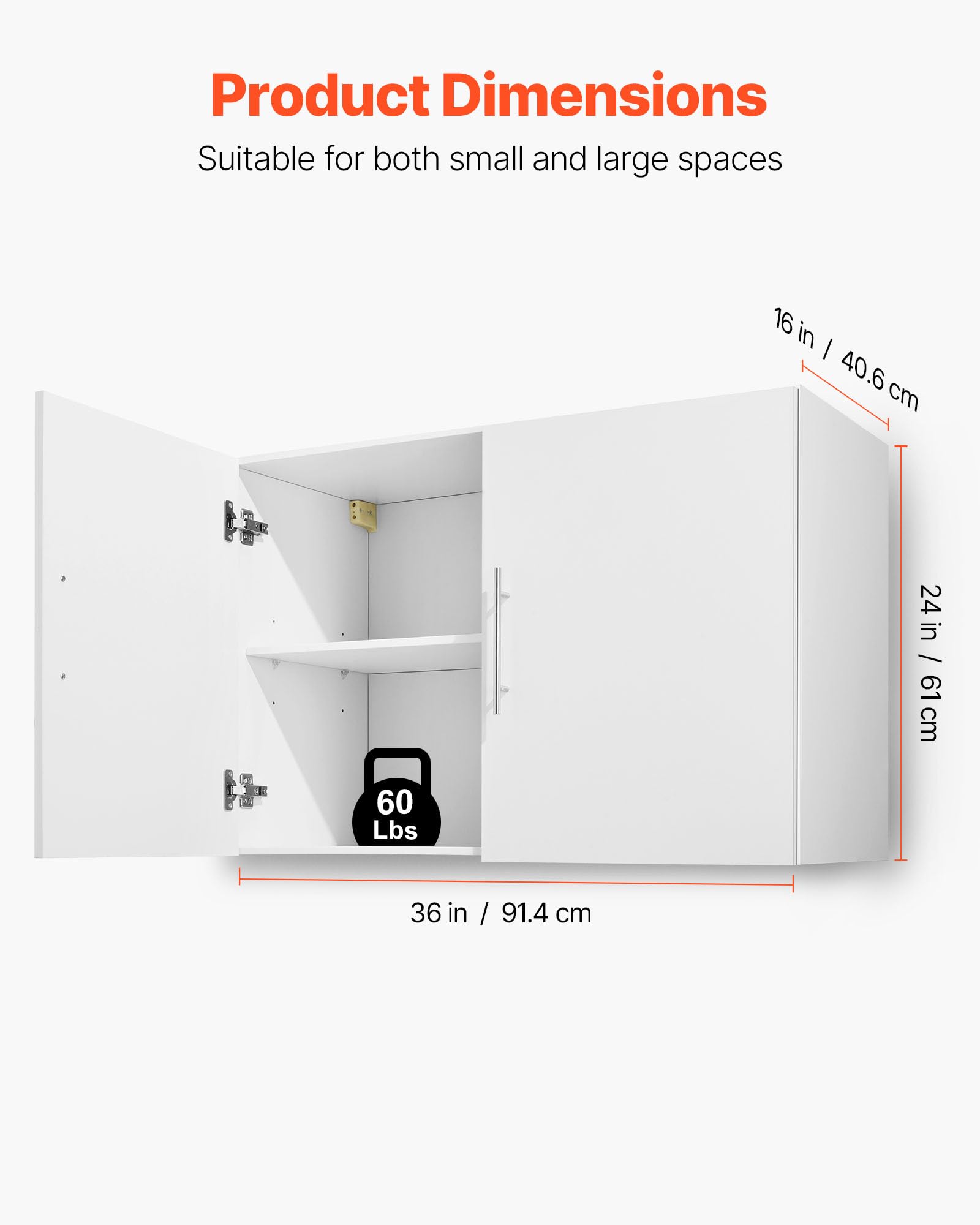VEVOR Wandschrank für Waschküche, 2-stöckiger Wandhängeschrank mit Verstellbarer Ablage, Küchenschrank mit 2 Türen, für Küche Bad Wäscherei, 40,6 x 91,4 x 61 cm (T x B x H), Oberschrank Weiß