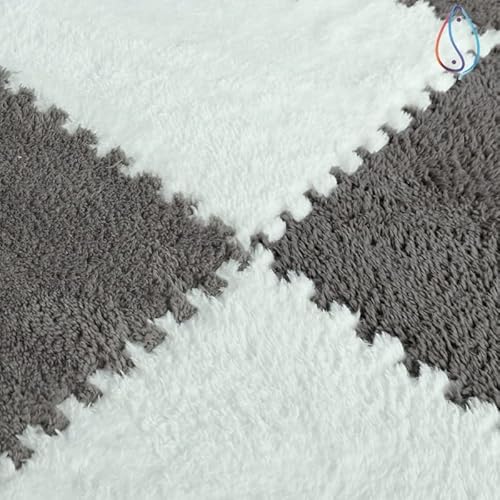 Tebery 12 Pieces Plush Puzzle Foam Floor Mat Tiles With Border, Square Interlocking Carpet Fluffy Area Rug, Protective Playmat For Parlor Bedroom Parlor Bedroom(Grey, White) #TOP4