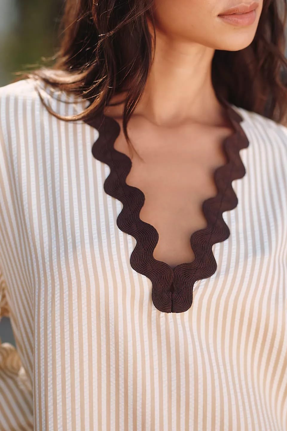 VAOYIU Women's Boho Striped V-Neck Dress Flowy Bell Sleeves Cover Up with Wavy Trim Beach Resort Kaftan Style - Image 3