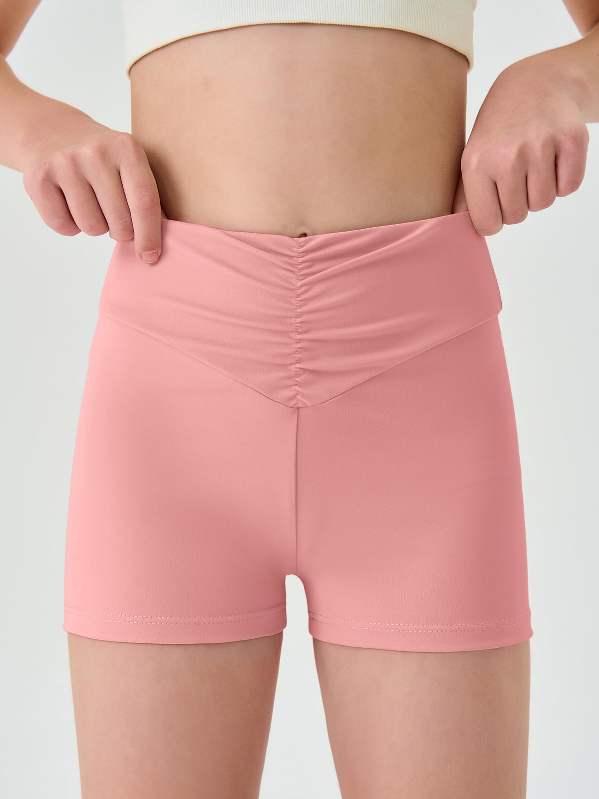 Haloumoning Girls Athletic Ruched V-Waist Shorts Kids Workout Yoga Dance Shorts Active Gymnastics Shorts Pink