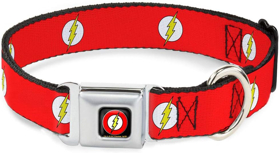 Dog Collar Seatbelt Buckle Flash Logo Red White Yellow 9 to 15 Inches 1.0 Inch Wide