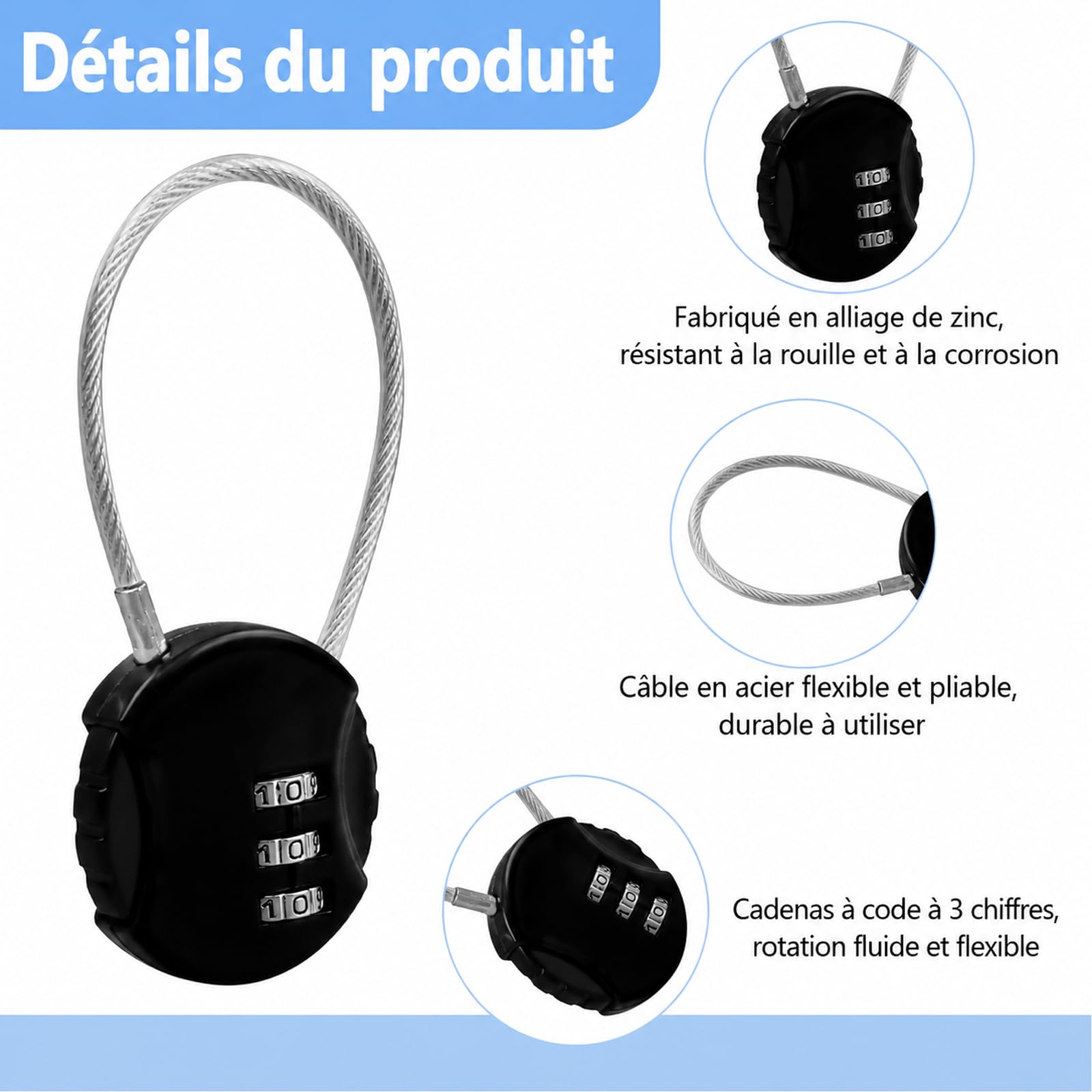Lot de 36 Petits Cadenas à Câble, Code 3 Chiffres Réinitialisable | Cadenas Noirs en Alliage de Zinc avec Câble en Acier 13,5 cm pour Casiers, Bagages, Sacs et Voyage