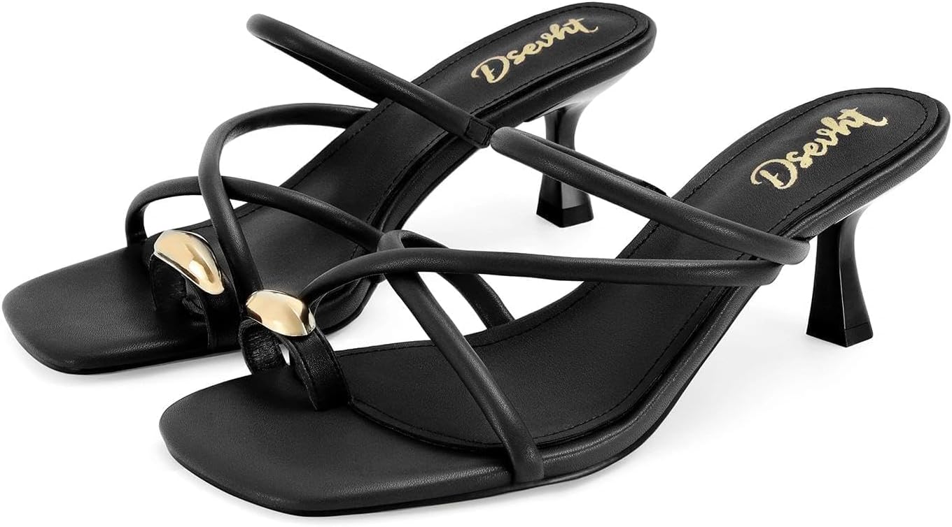 Dsevht Strappy Kitten Heel Sandals Toe Ring Flip Flop Stiletto Low Short Thong Heels Slip On Square Open Toe Summer Dress Shoes for Women