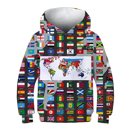 FiveEarl World Flags 3D-print sweatshirt met capuchon en lange mouwen voor jongeren, jongens en meisjes, leeftijd 6-14, Wflg05, 6-8 jaar